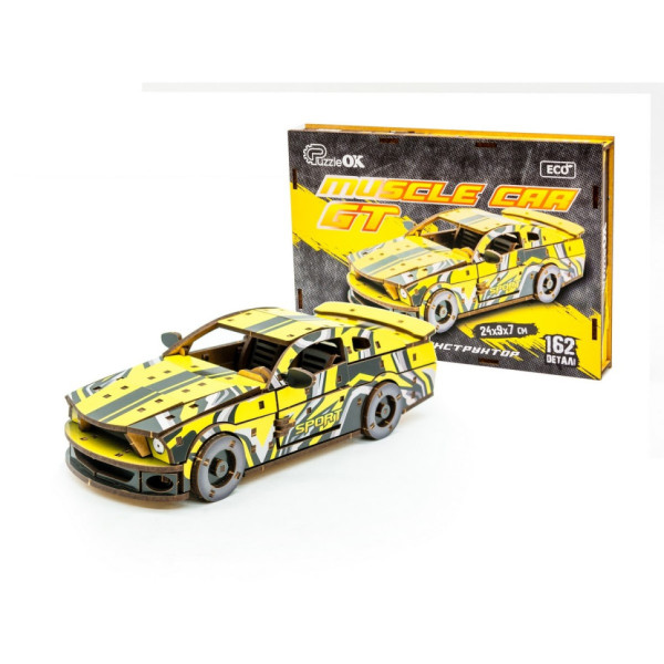 Деревяний 3D конструктор "Muscle car GT" Puz-00638 162 деталі жовтий Деревяний 3D конструктор "Muscle car GT" Puz-00638 162 деталі жовтий