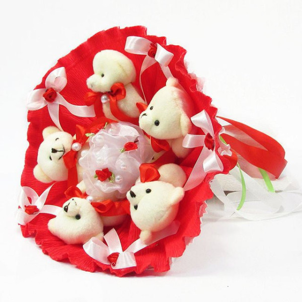 Букет з мяких іграшок 5 ведмедиків 5289IT червоний
