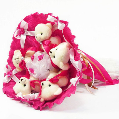 Букет з мяких іграшок 5 ведмедиків 5292IT малиновий
