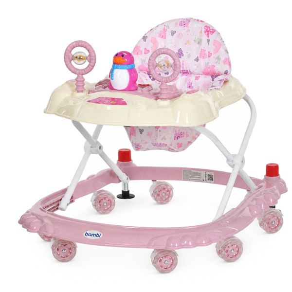 Дитячі Ходунки M 3168-1(Light-Pink) музичні та світлові ефекти зі стопором