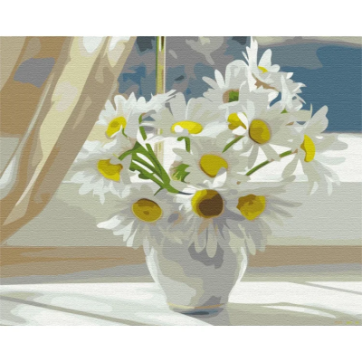 Картина за номерами "Ромашки в білій вазі на вікні" Brushme BS22637 40х50 см