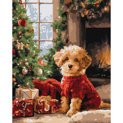 Картина за номерами "Пудель біля ялинки" KHO6832 40х50 см