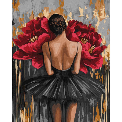 Картина за номерами "Балерина з червоними півоніями з фарбами металік" ©art_selena_ua KHO8664 40x50 см