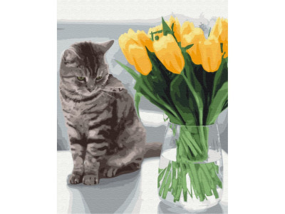 Картина за номерами "Котик з тюльпанами" Brushme BS52638 40х50 см Картина за номерами "Котик з тюльпанами" Brushme BS52638 40х50 см