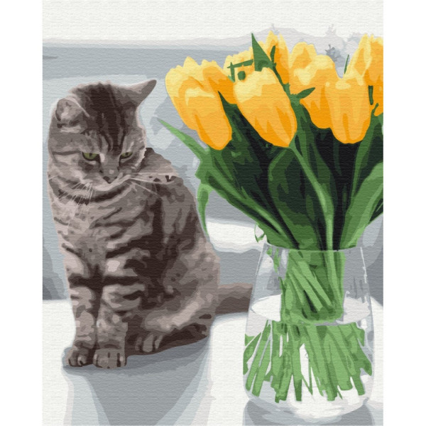 Картина за номерами "Котик з тюльпанами" Brushme BS52638 40х50 см Картина за номерами "Котик з тюльпанами" Brushme BS52638 40х50 см