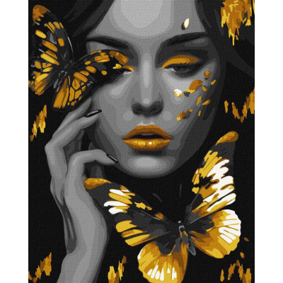 Картина за номерами "Дівчина із золотими метеликами" ©art_selena_ua Ідейка KHO8307 40х50 см з фарбами металiк extra