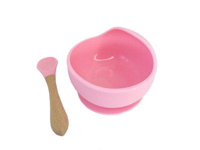 Силіконова тарілка на присосці з деревяною ложкою MGZ-0103(Pink) 300 мл