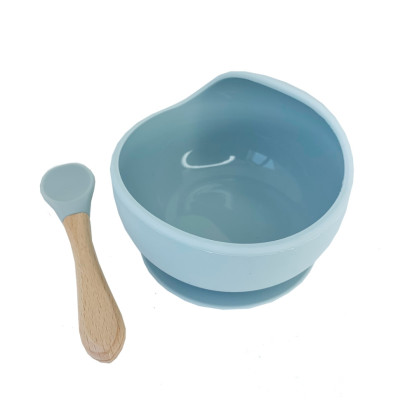 Силіконова тарілка на присосці з деревяною ложкою MGZ-0103(Grey) 300 мл