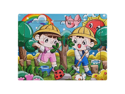 Дитячий деревяний пазл-вкладиш "Садіння дерев" MD 1343-15 12 елементів 15 х 11 х 04 см