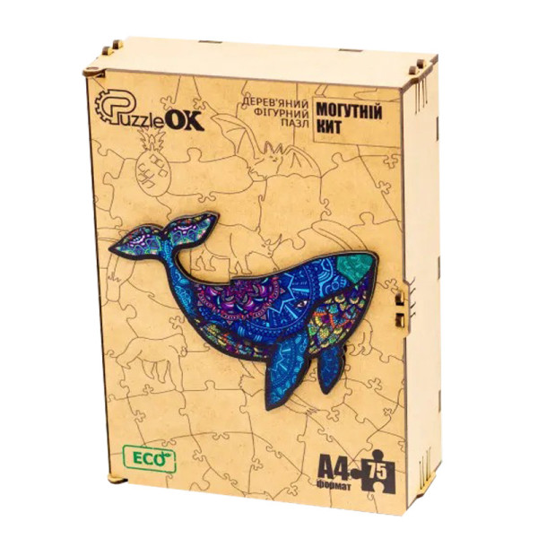 Фігурний деревяний пазл A4 "Могутній Кит" PuzA4-04126 75 деталей