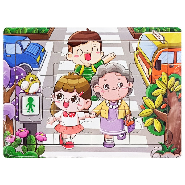Дитячий деревяний пазл-вкладиш "Дорога до школи" MD 1343-11 12 елементів 15 х 11 х 04 см