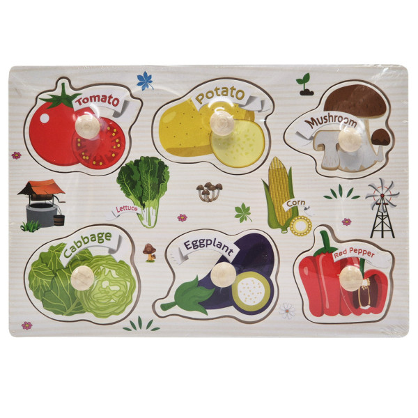 Деревяний пазл-вкладиш Овочі 53972-8 ручка-тримач у плівці