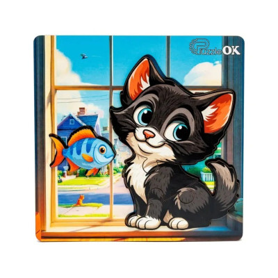 Деревяний пазл-вкладиш "Допитливий котик" Puz-88751 А6 4 елементи