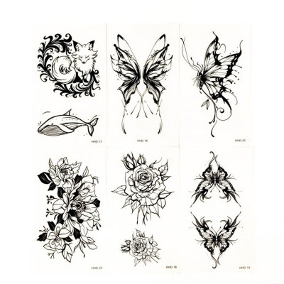 Набір тимчасових тату "Метелики та квіти №1" black-tattoo-mini-set-f01 із 6 чорних по 95 х 55 см
