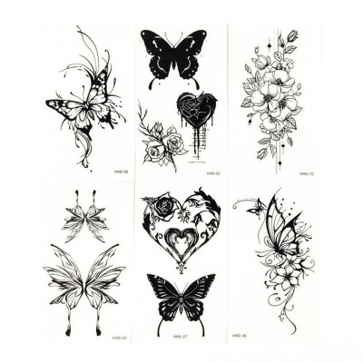 Набір тимчасових тату "Метелики та квіти №2" black-tattoo-mini-set-f02 із 6 чорних по 95 х 55 см