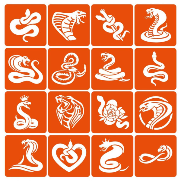 Набір трафаретів для біо-тату "Змії" Snakes-simple-16 6х6 см 16 простих трафаретів