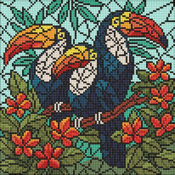 Алмазна мозаїка "Вітраж. Тріо туканів" ©art_selena_ua AMO8345 30х30 см