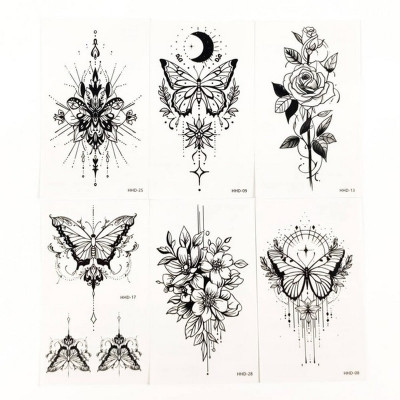Набір тимчасових тату "Метелики та квіти №3" black-tattoo-mini-set-f03 із 6 чорних по 95 х 55 см