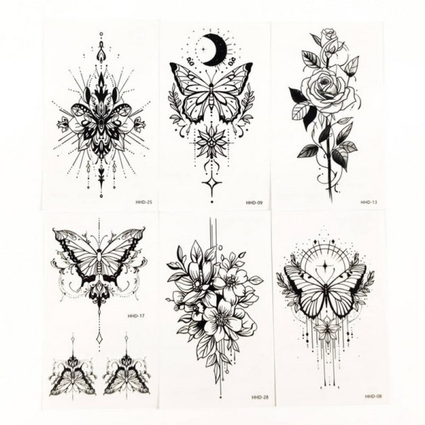 Набір тимчасових тату "Метелики та квіти №3" black-tattoo-mini-set-f03 із 6 чорних по 95 х 55 см Набір тимчасових тату "Метелики та квіти №3" black-tattoo-mini-set-f03 із 6 чорних по 95 х 55 см