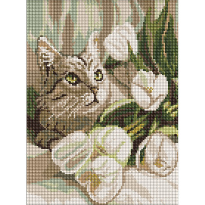 Алмазна мозаїка "Зеленоокий кіт з тюльпанами" AMO20099 30х40 см