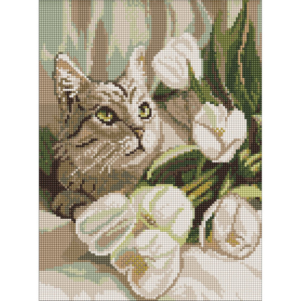 Алмазна мозаїка "Зеленоокий кіт з тюльпанами" AMO20099 30х40 см