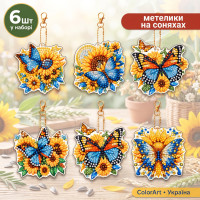Набір брелків для алмазної мозаїки "Метелики на соняшниках" ColorArt BR52 інструменти алмази основа 6 шт