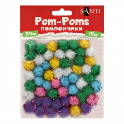 Декоративні помпони з люрексом для творчості 954656 кольорові d-15 мм 54 шт.