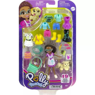 Ігровий набір Polly Pocket Стильний гардероб модниці коричневе волосся, рожево-біла сукня (HKV88-HKV91)