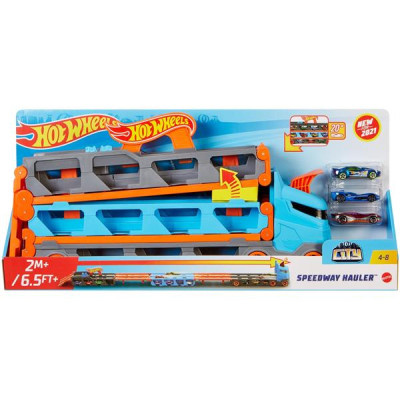 Вантажівка-транспортер Hot Wheels Суперперегони з 3 базовими машинками 1:64 (GVG37)