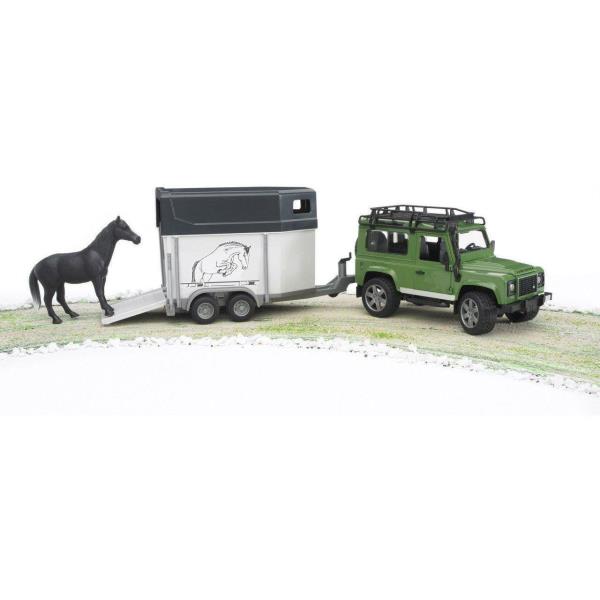 Автомодель Bruder Джип Land Rover Defender з причепом для перевезення коней та конячка (02592) Автомодель Bruder Джип Land Rover Defender з причепом для перевезення коней та конячка (02592)