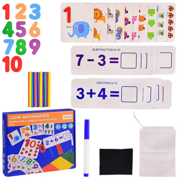 Дерев'яна іграшка Математика в наборі картки з прикладами рахунок палички WD2713 Дерев'яна іграшка Математика в наборі картки з прикладами рахунок палички WD2713