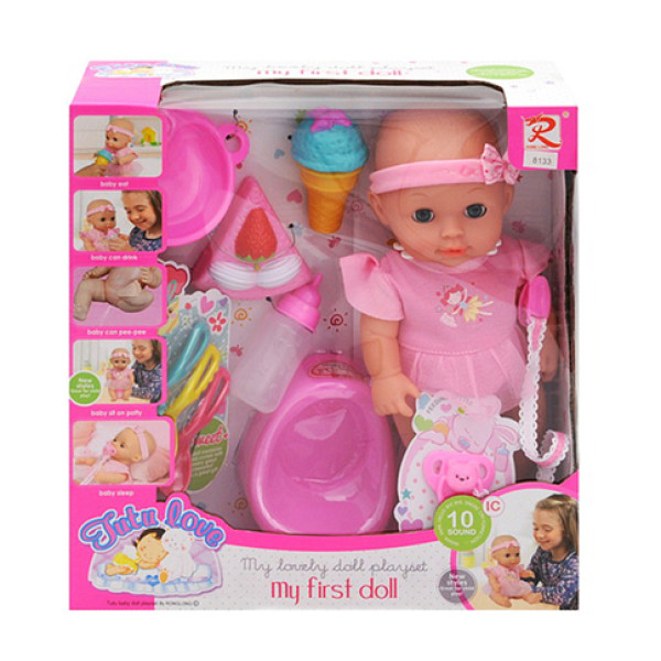Пупс функціональний з аксесуарами (п'є з пляшечки горщик 10 звуків) 8133