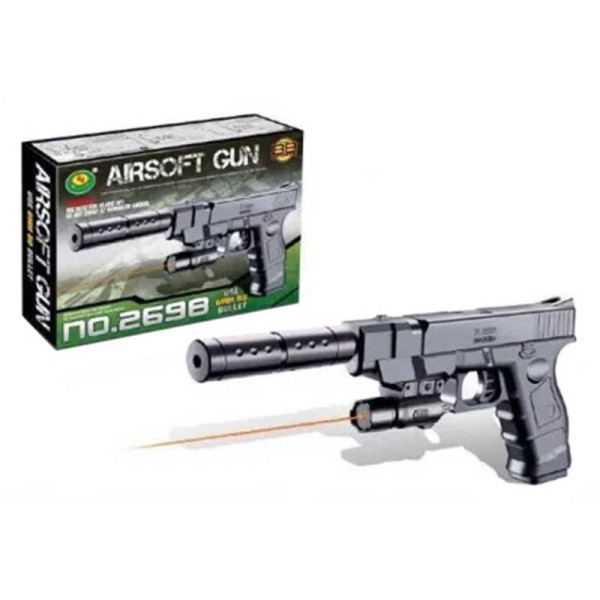 Пістолет на пульках з лазером і глушником в коробці P2698B-4 Пістолет на пульках з лазером і глушником в коробці P2698B-4