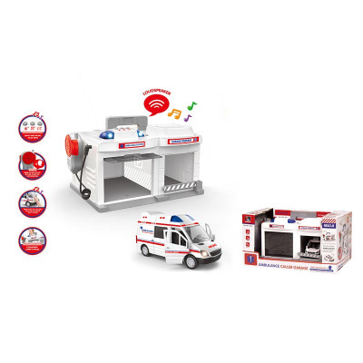 Гараж з металевою машинкою швидка допомога зі світлом і звуком CLM-557 Гараж з металевою машинкою швидка допомога зі світлом і звуком CLM-557