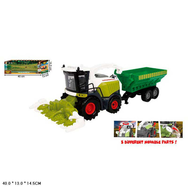 Комбайн із причепом зі світлом і звуком на батарейках зелений 550-3C Комбайн із причепом зі світлом і звуком на батарейках зелений 550-3C