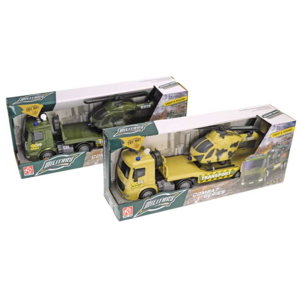 Автовоз військовий з вертольотом інерційний озвучений зі світлом 2кольор RJ3398 Автовоз військовий з вертольотом інерційний озвучений зі світлом 2кольор RJ3398