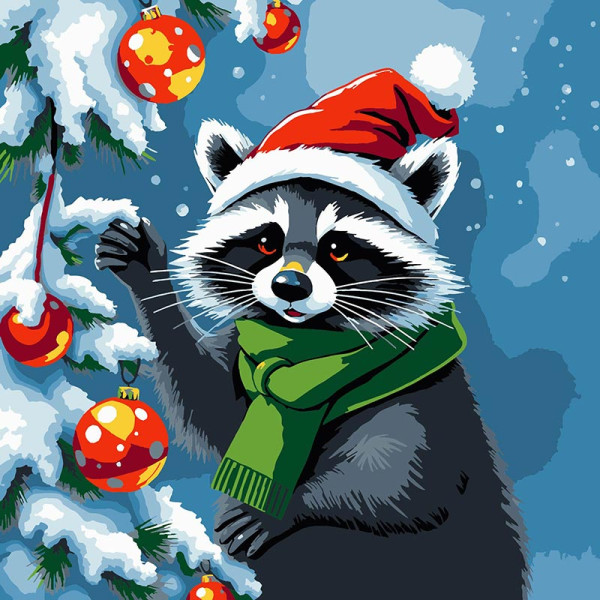 Картина за номерами Stateg Єнот прикрашає ялинку 30х30 см ES-0898