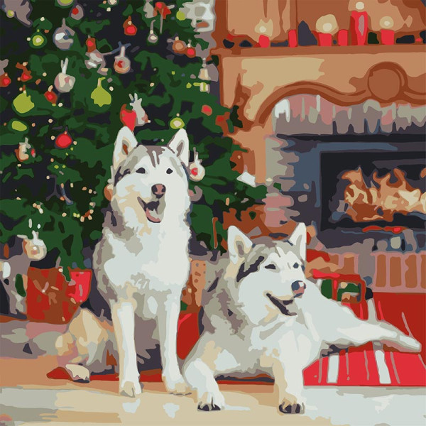 Картина за номерами Stateg Хаскі біля каміну 40х40 см FF-1004