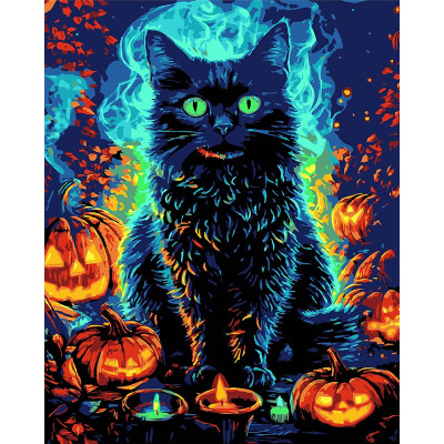 Картина за номерами Stateg Кіт у Гелловін на чорному фоні 40х50 см AH1183-12