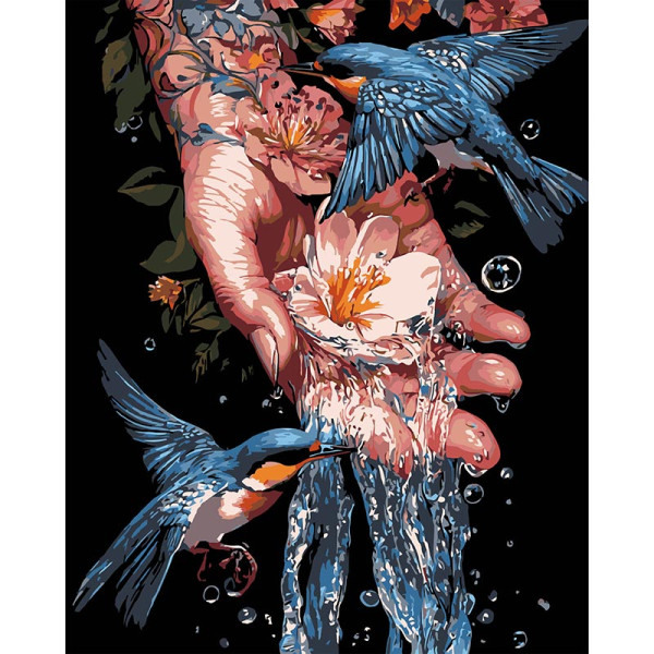 Картина за номерами Stateg Сині птахи на чорному фоні 40х50 см AH1204-17