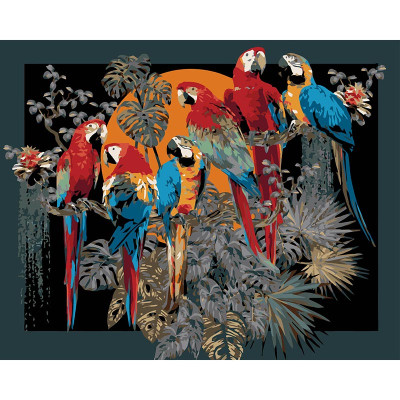 Картина за номерами Stateg Зграя папуг на чорному фоні 40х50 см AH1230-19