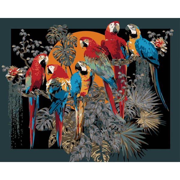 Картина за номерами Stateg Зграя папуг на чорному фоні 40х50 см AH1230-19