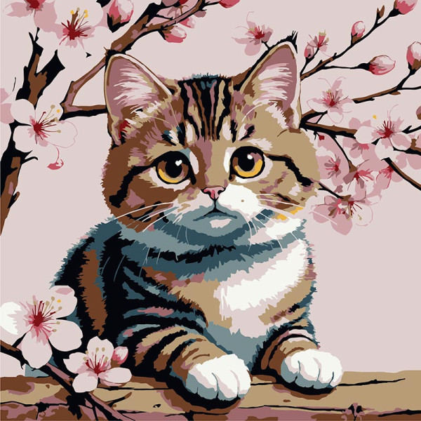 Картина за номерами Strateg Кіт під цвітом 20x20 см HH8030