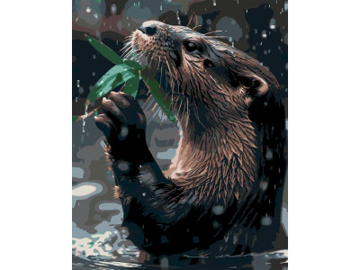 Картина за номерами Strateg Видра з листочком на чорному фоні 40x50 см AH1295