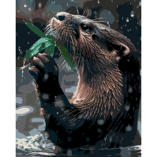 Картина за номерами Strateg Видра з листочком на чорному фоні 40x50 см AH1295