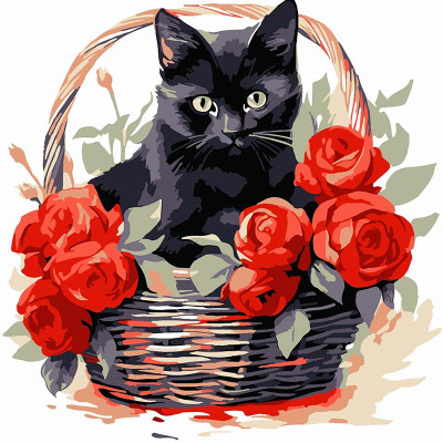 Картина за номерами Stateg Чорна кішка з трояндами 20х20 см HH8009