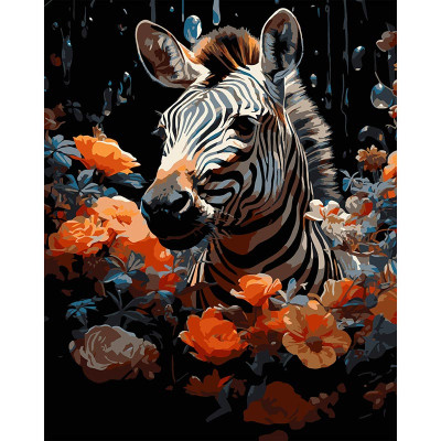 Картина за номерами Stateg Зебра у квітах на чорному фоні 40х50 см AH1231-17