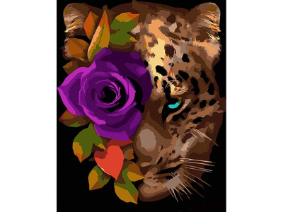 Картина за номерами Леопард з трояндою Strateg на чорному фоні 40х50 см AH1002