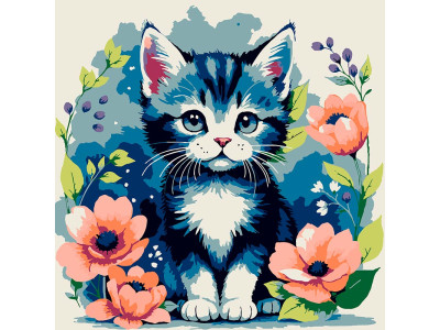 Картина за номерами Strateg Кіт серед квітів 20x20 см HH8029