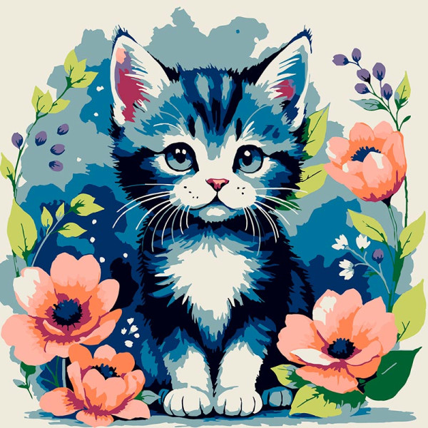 Картина за номерами Strateg Кіт серед квітів 20x20 см HH8029